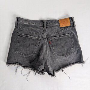 Levi's 501 Retro Button Fly Raw Hem Distressed Washed Black Denim Jean Shorts